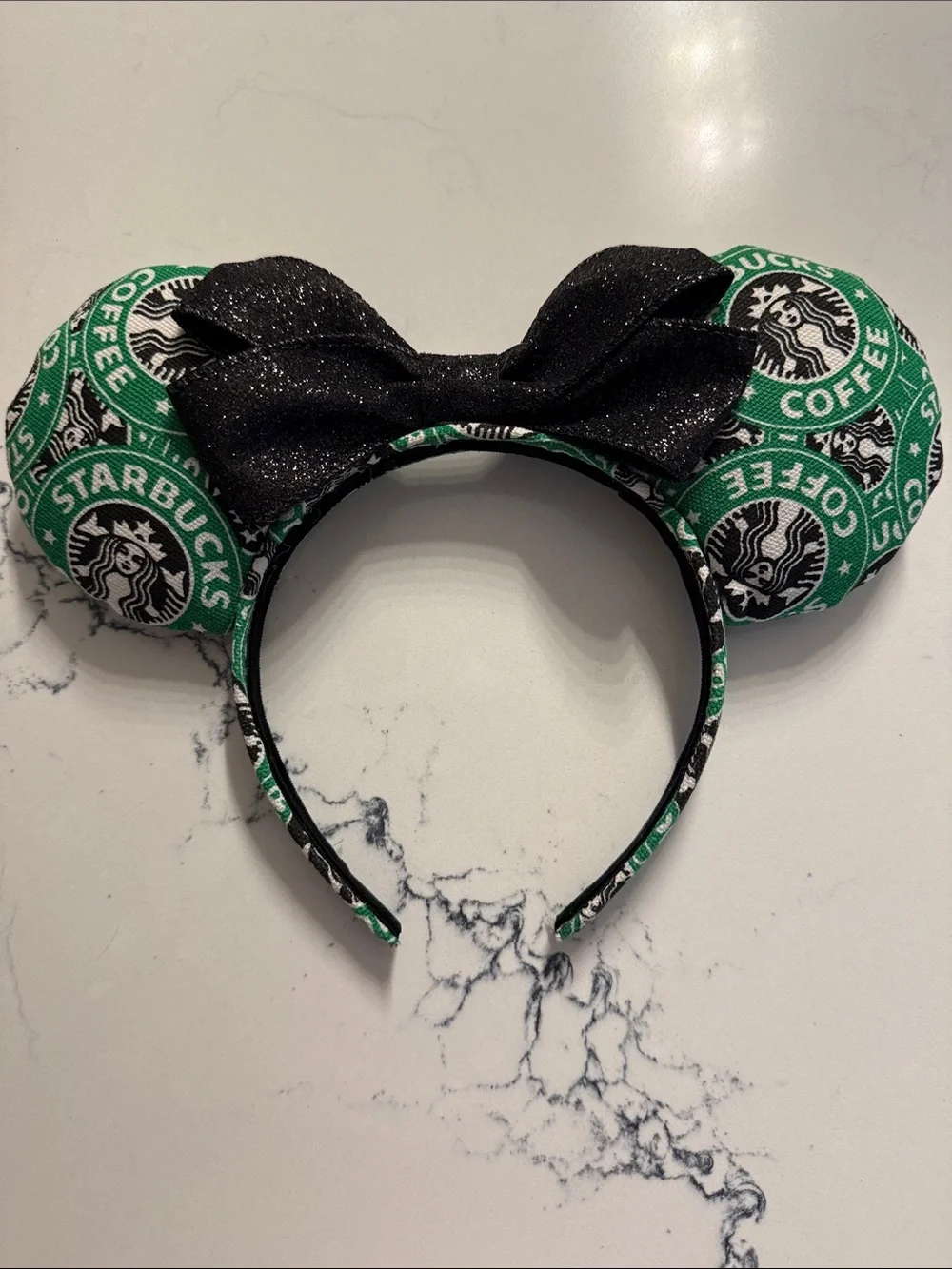 Starbucks Green and Black Logo Minnie Ear Headband with Black Glitter Bow